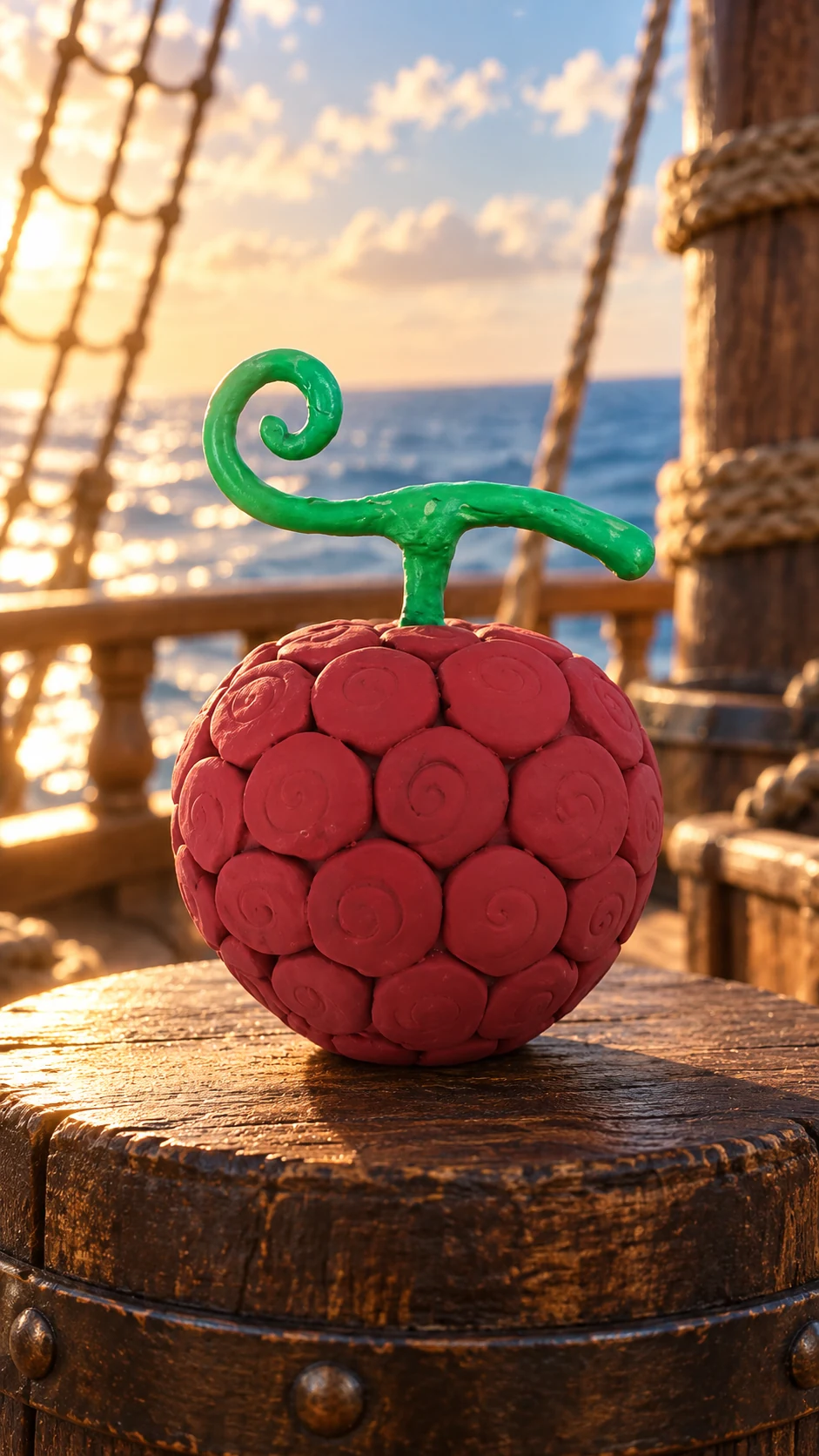 Gomu Gomu no Mi / Hito Hito no Mi, Modelo: Nika artesanal arredondada e vermelha, com espirais em relevo e cabinho verde, em cenário fictício de aventura pirata. Montagem ilustrativa.