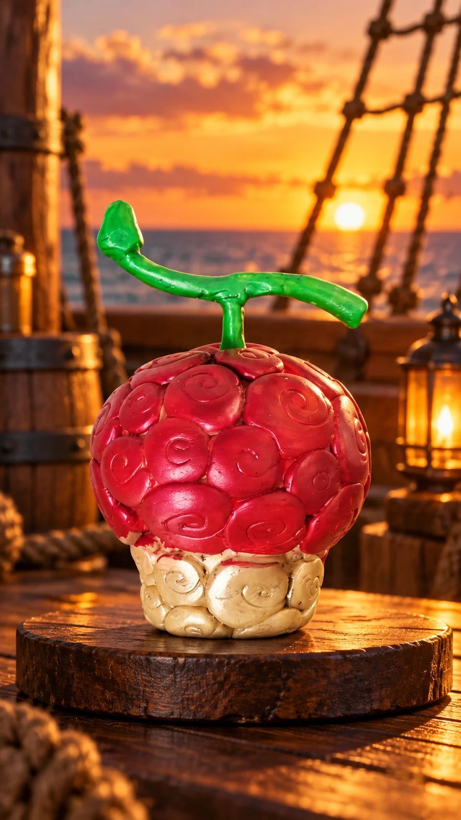 Mera Mera no Mi artesanal vermelha na parte superior e creme na base, com espirais em relevo e cabinho verde, em cenário fictício de aventura pirata. Montagem ilustrativa.