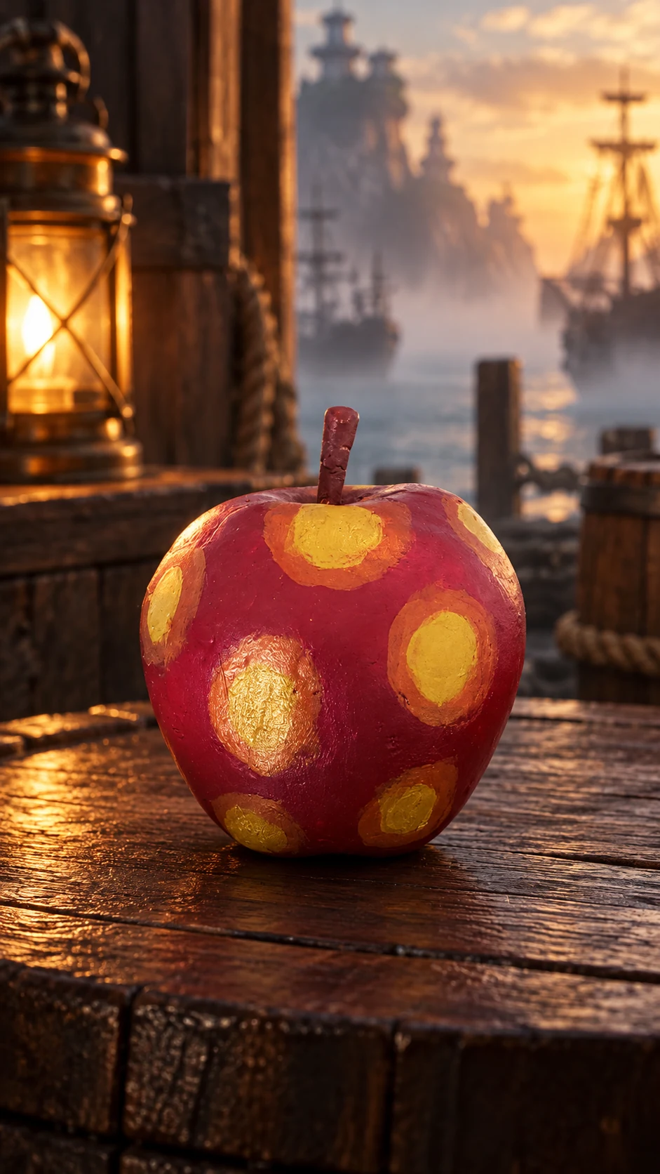 Nomi Nomi no Mi (Vermelha) artesanal vermelha e rosa, com círculos laranja e amarelos e um cabinho marrom, em cenário fictício de aventura pirata. Montagem ilustrativa.