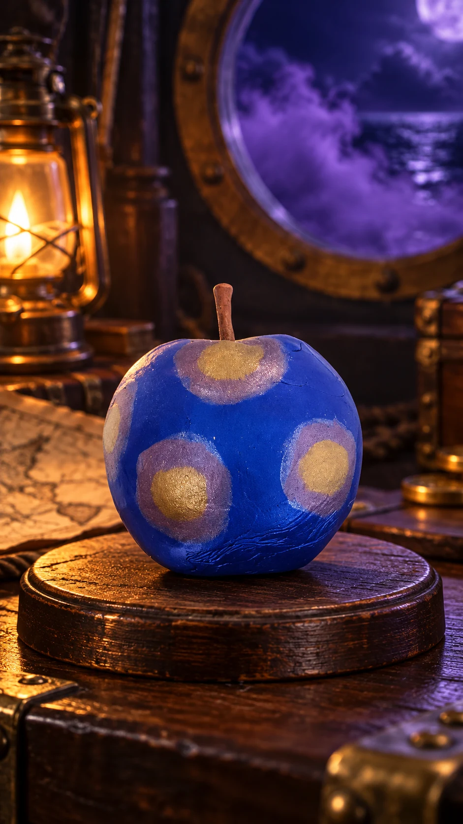 Nomi Nomi no Mi (Azul) artesanal azul escura, com manchas lilás e douradas e um cabinho marrom, em cenário fictício de aventura pirata. Montagem ilustrativa.