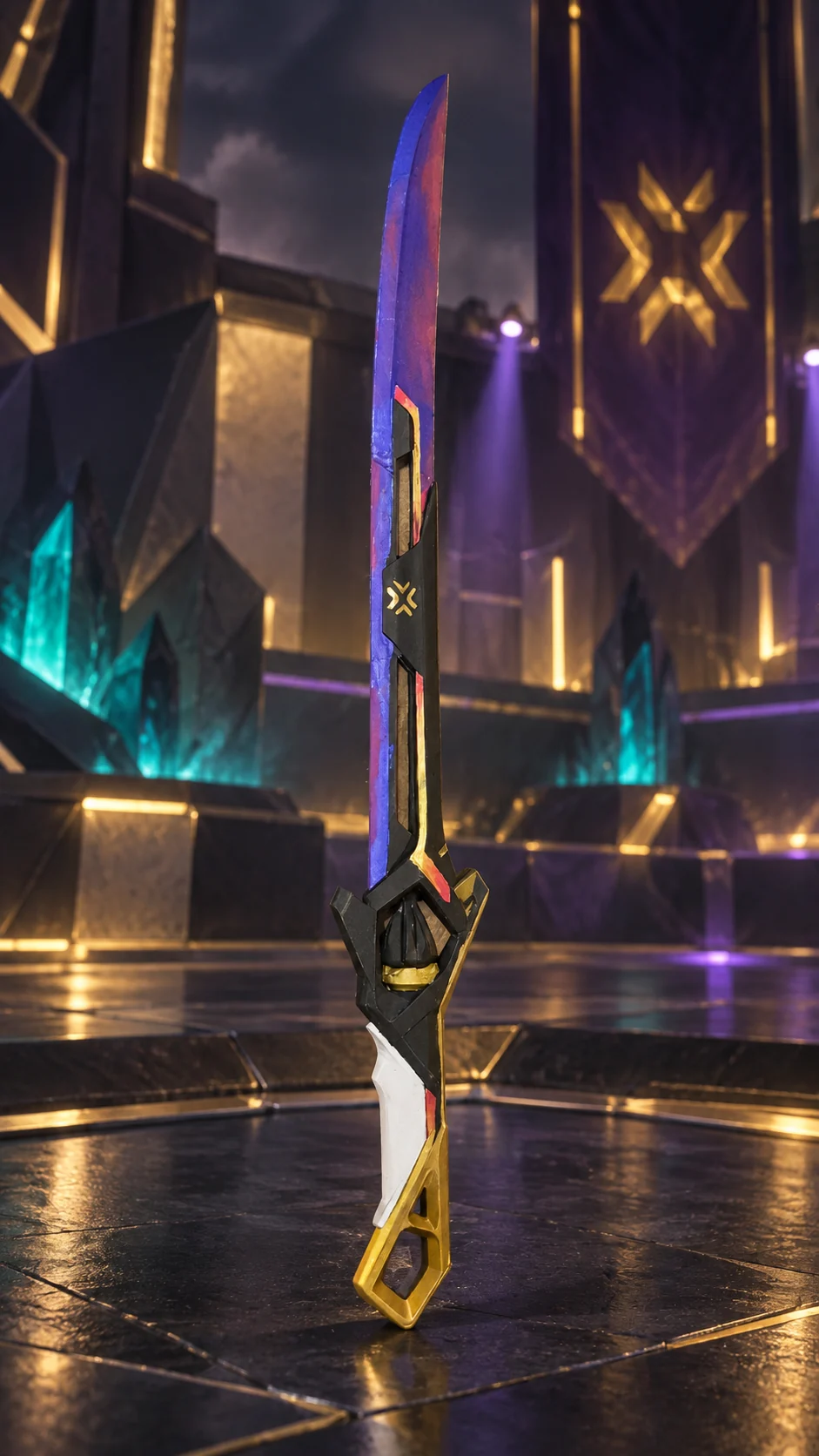 Espada Champions 2024 artesanal em um cenário inspirado em Valorant. Montagem ilustrativa.