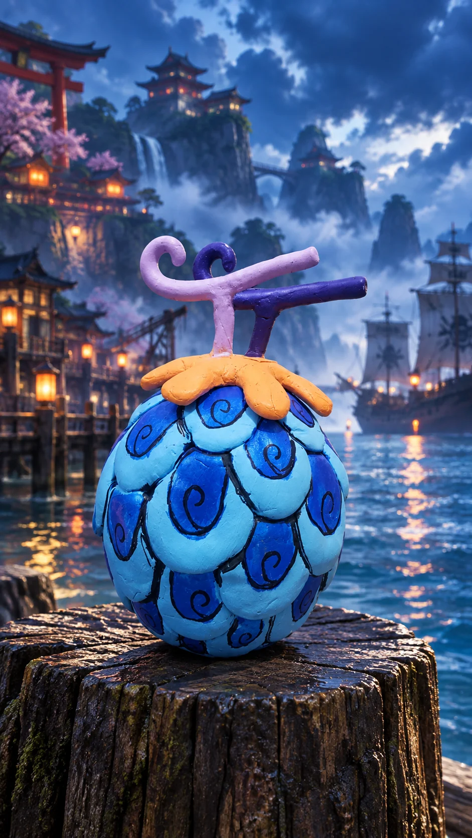 Uo Uo no Mi Modelo Seiryu artesanal em um porto inspirado em One Piece. Cenário ilustrativo.