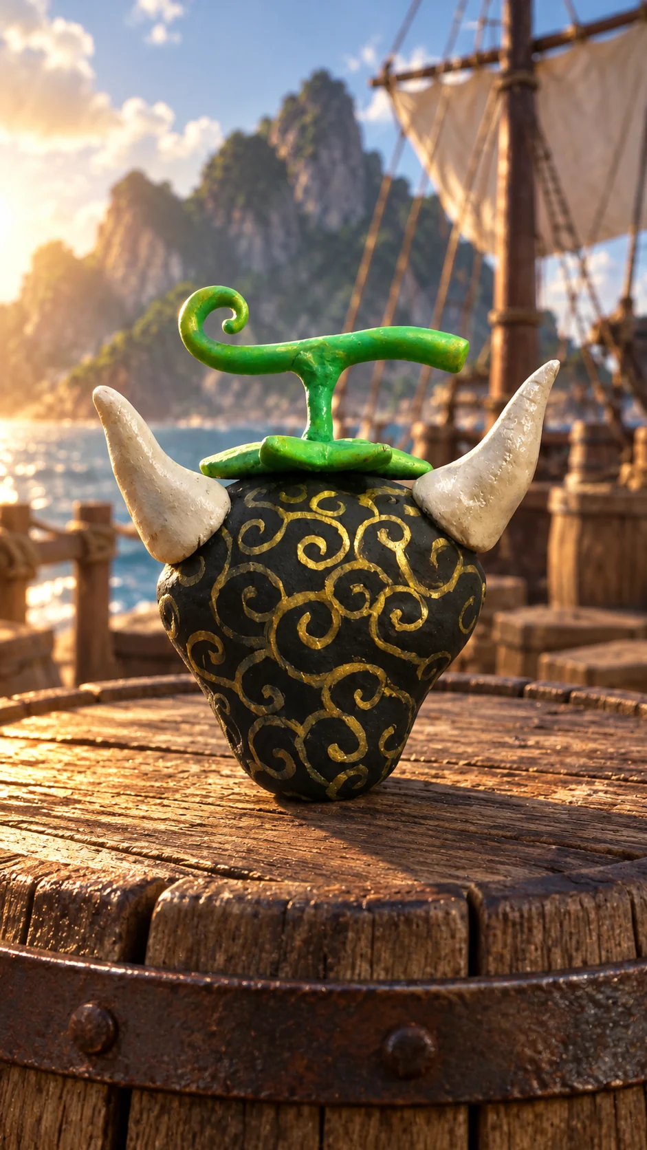 Ushi Ushi no Mi Modelo Bisão artesanal em um porto pirata inspirado em One Piece. Cenário ilustrativo.