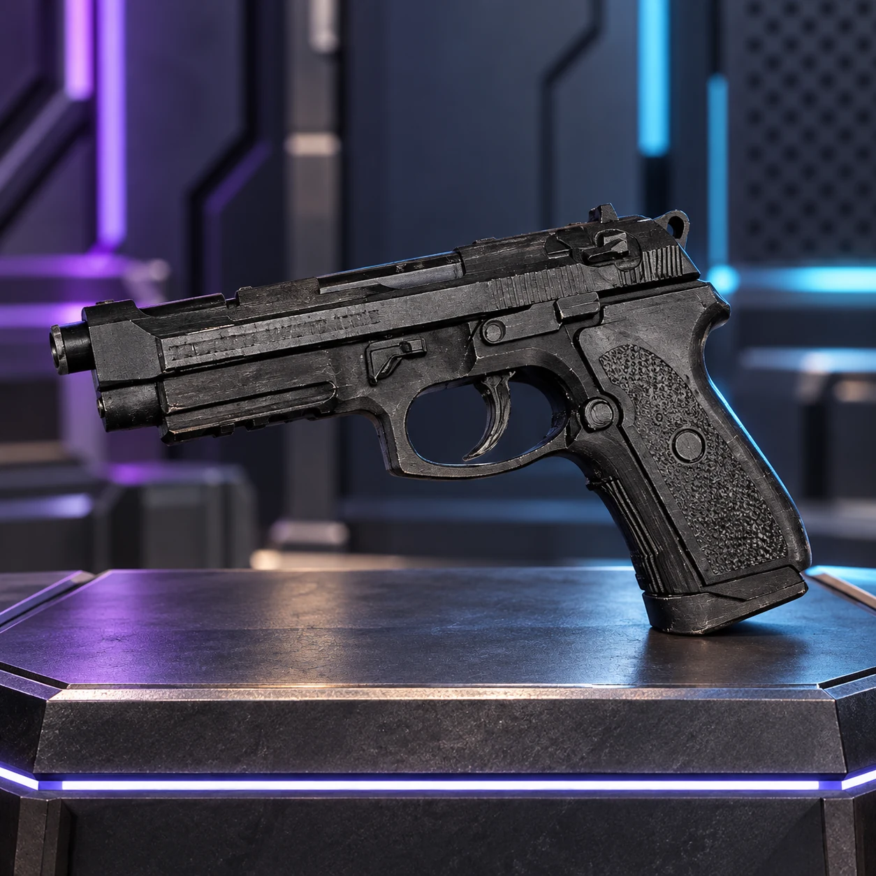 Pistola de impressão 3D preta em uma exposição futurista inspirada em jogos. Cenário ilustrativo.